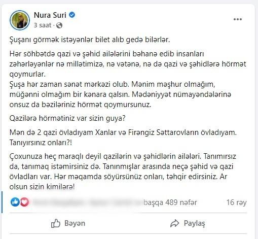 "Şəhidlərin ailələri çoxunuza heç maraqlı deyil" - Müğənnidən təhqirlərə CAVAB